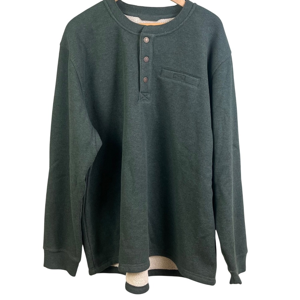 LL Bean Deepest Pine Waffle Henley‎ Pull Over Fleece Lined Snap Neck NWT XXL